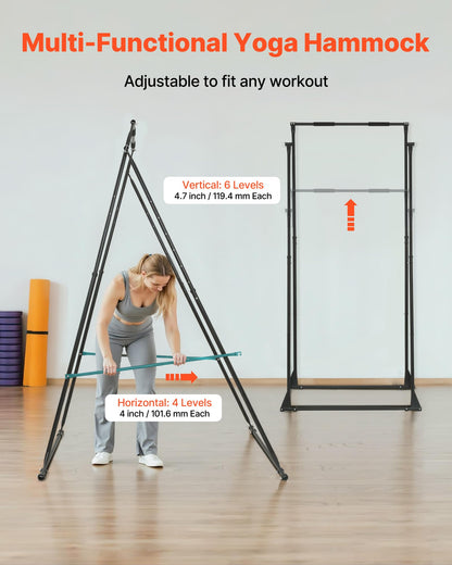 VEVOR Yoga Stand Frame, Max 440.9 lbs Load Swing Stand, Triangular Structure Aerial Rig, Aerial Silk Stands with EVA Foam & 6.6-Yard Yoga Hammock, 4-Level Horizontal & 6-Level Vertical Adjustment