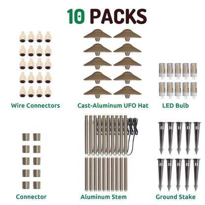 Lumina Lighting® Low Voltage Landscape Lighting Cast-Aluminum Path and Area Light Warm White 3W G4 LED Bulb and ABS Ground Stake Included for Yard Walkway Lawn PAL0108-BZLED10 (Bronze, 10-Pack)