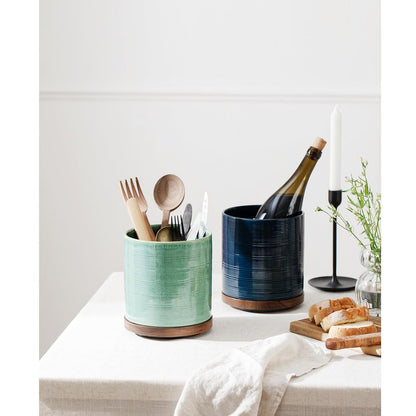 MIKIGEY Utensil Holder, 360° Rotating Extra Large Ceramic Kitchen Utensil Holder for Countertop, 7.3“ Cooking Utensil Crocks for Kitchen Counter with Rotatable Wooden Base, Farmhouse Decor, Dark Blue