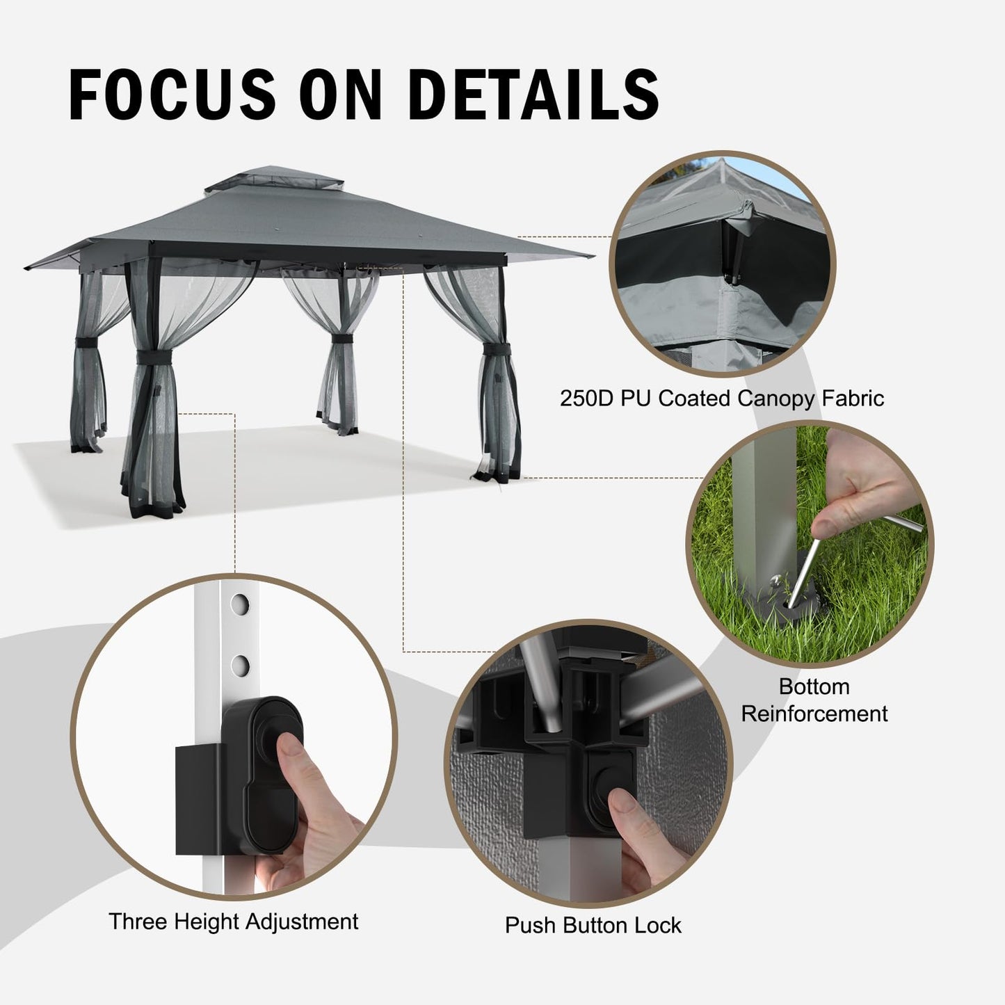 13x13 Outdoor Patio Gazebo with Mosquito Nettings - Double Roof Pop Up Canopy Tent with Wheeled Carry Bag, for Backyard Deck Lawns Garden (Gray, 13X13)