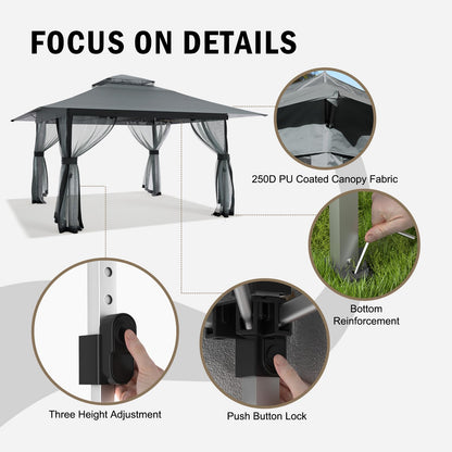 13x13 Outdoor Patio Gazebo with Mosquito Nettings - Double Roof Pop Up Canopy Tent with Wheeled Carry Bag, for Backyard Deck Lawns Garden (Gray, 13X13)
