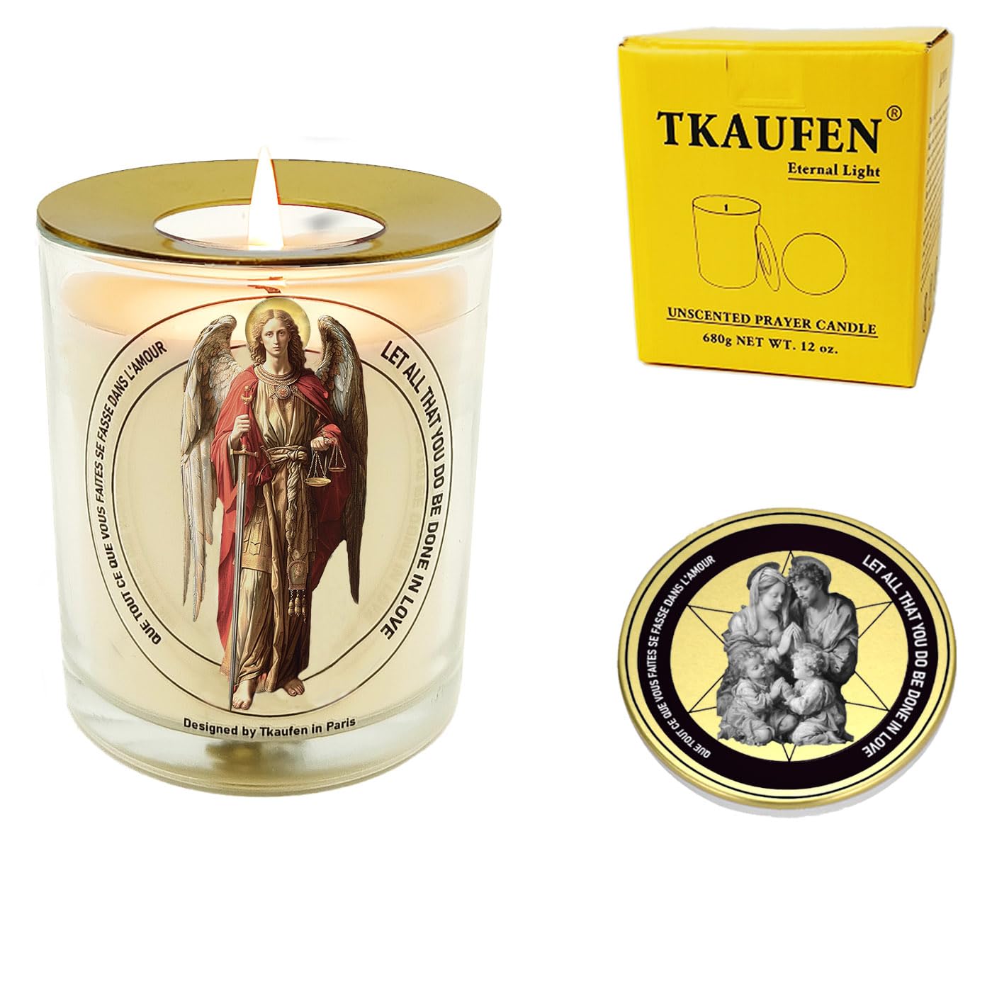 Tkaufen Saint Archangel Michael Candle 50 Hours with Warmer Ring│Hand-Poured Soy Wax│Protection from Terror, Evil Banishing, Spiritual Warrior, Energetic Cleansing, Defender│Design in Paris│3“×3.6”