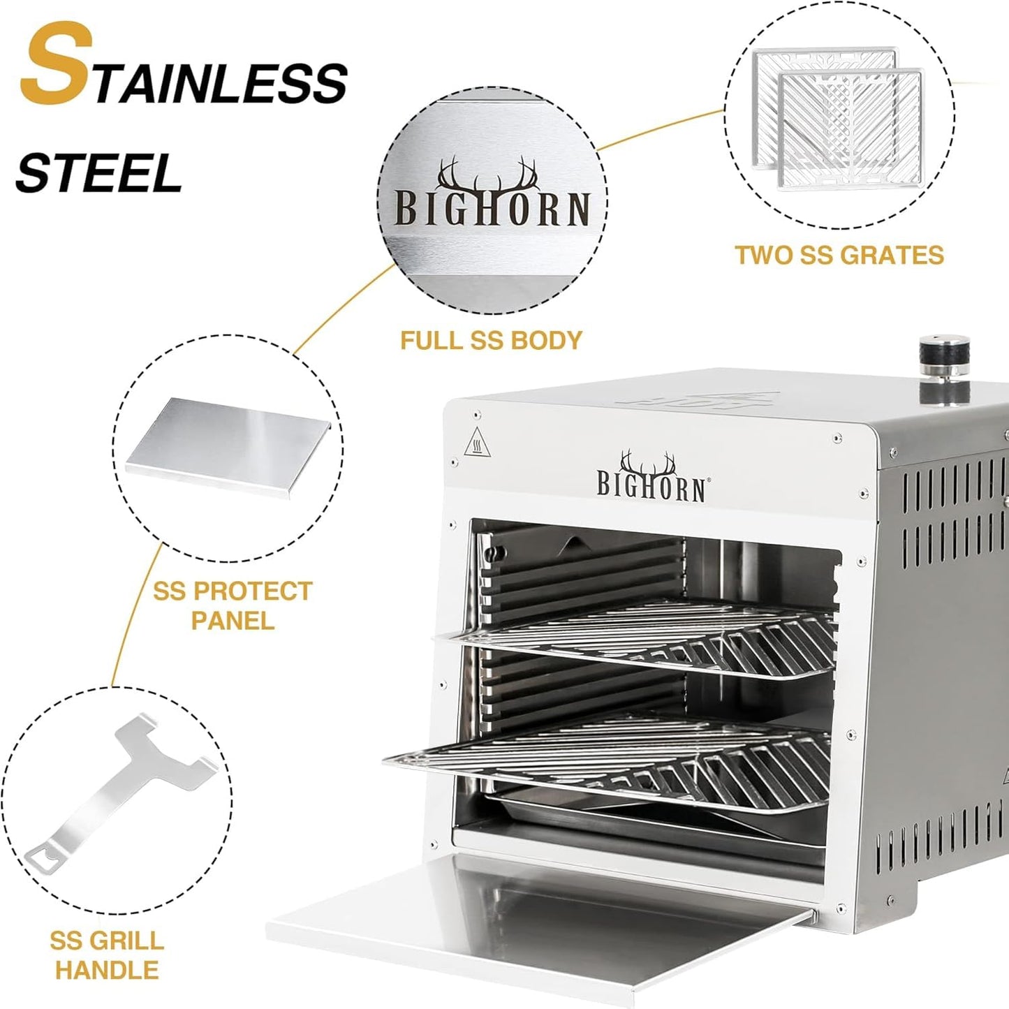 BIG HORN OUTDOORS 1500°F Small Infrared Propane Gas Grill – Portable Steak Broiler & Sear Station, Outdoor Salamander BBQ with Pizza Stone, Stainless Steel, 16 inch