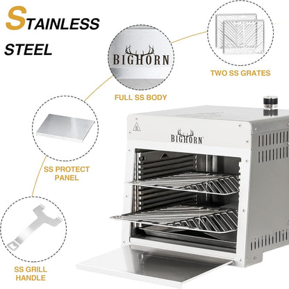 BIG HORN OUTDOORS 1500°F Small Infrared Propane Gas Grill – Portable Steak Broiler & Sear Station, Outdoor Salamander BBQ with Pizza Stone, Stainless Steel, 16 inch