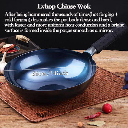 Lvhop iron wok with lid,14 inch woks & stir-fry pans nonstick,chinese traditional pans for open fire,large cookwares,cooking,bbq,grill,camping,blue pre-seasoned round bottom wok (36cm)