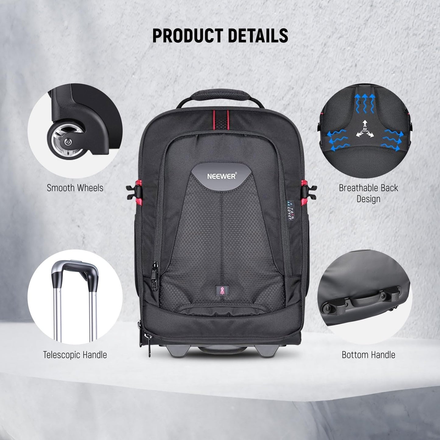 Neewer 2-in-1 Rolling Camera Backpack Trolley Case - Anti-Shock Detachable Padded Compartment, Hidden Pull Bar, Durable, Waterproof for Camera,Tripod,Flash Light,Lens,Laptop for Air Travelling(Black)