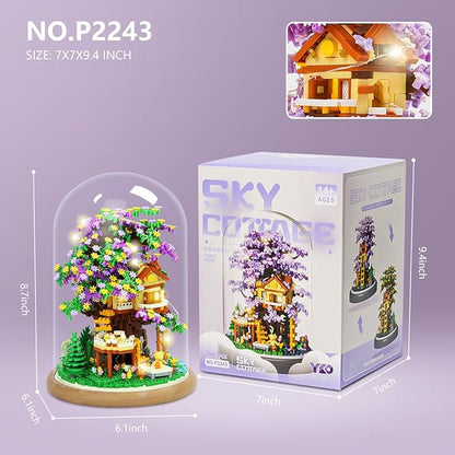 DIY Flower Building Toy Sets Miniature Cherry Blossom Tree House Building Kit Purple &amp Yellow Sakura Flowers Building Blocks Set for Adults &amp Girls - Bonsai Tree Model with Dust Cover