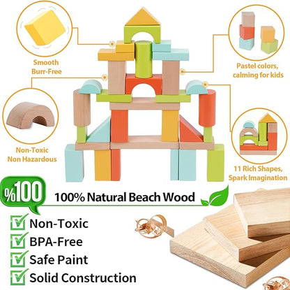 FCSONU Wooden Building Blocks for Toddlers 1-3 100 Pcs Wood Blocks Set - Sorting &amp Stacking Toys with Storage and Lid Kid Montessori Toys Ages 2+ Christmas 1st Birthday Gifts for Boys Girls Bab