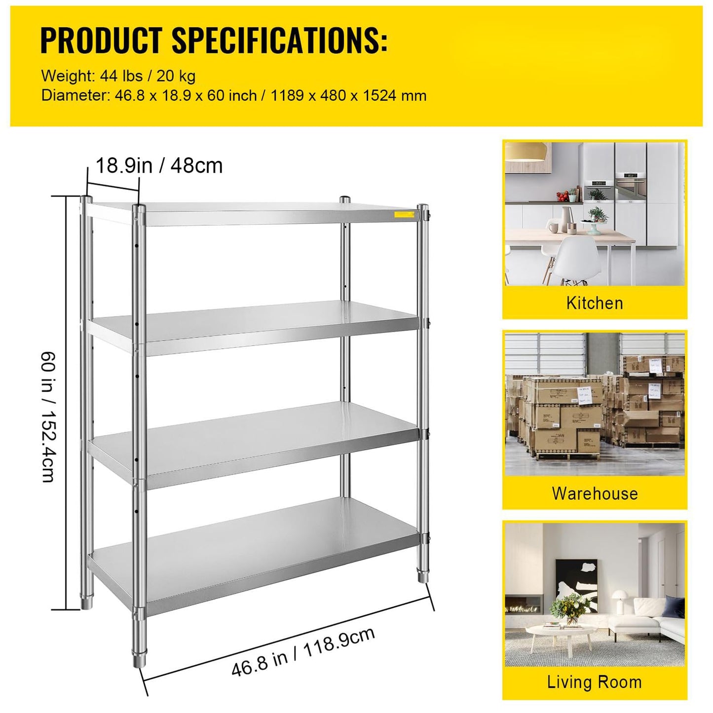 VEVOR Stainless Steel Shelving 46.8x18.5 Inch 4 Tier Adjustable Shelf Storage Unit Stainless Steel Heavy Duty Shelving for Kitchen Commercial Office Garage Storage 330lb Per Shelf