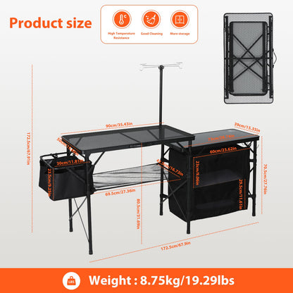Nice C Camping Kitchen Table, Portable Folding Camp Cook Station, Storage Organizer, with Light Poles, Storage, Side Bag, Side Hooks, for Outdoor, Picnic, Beach, RV Traveling (Black)