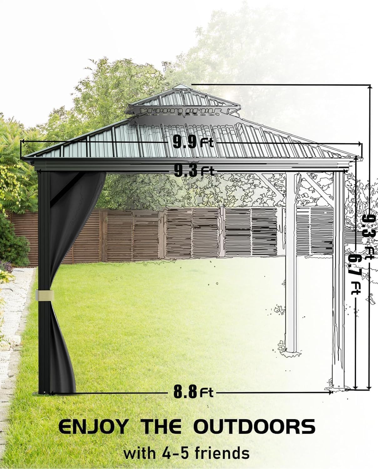 IDEALHOUSE 10x10Ft Hardtop Gazebo - Aluminum Frame Permanent Pavilion with Double Roof, Mosquito Netting & Privacy Curtains for Patio, Garden, Deck & Backyard Parties