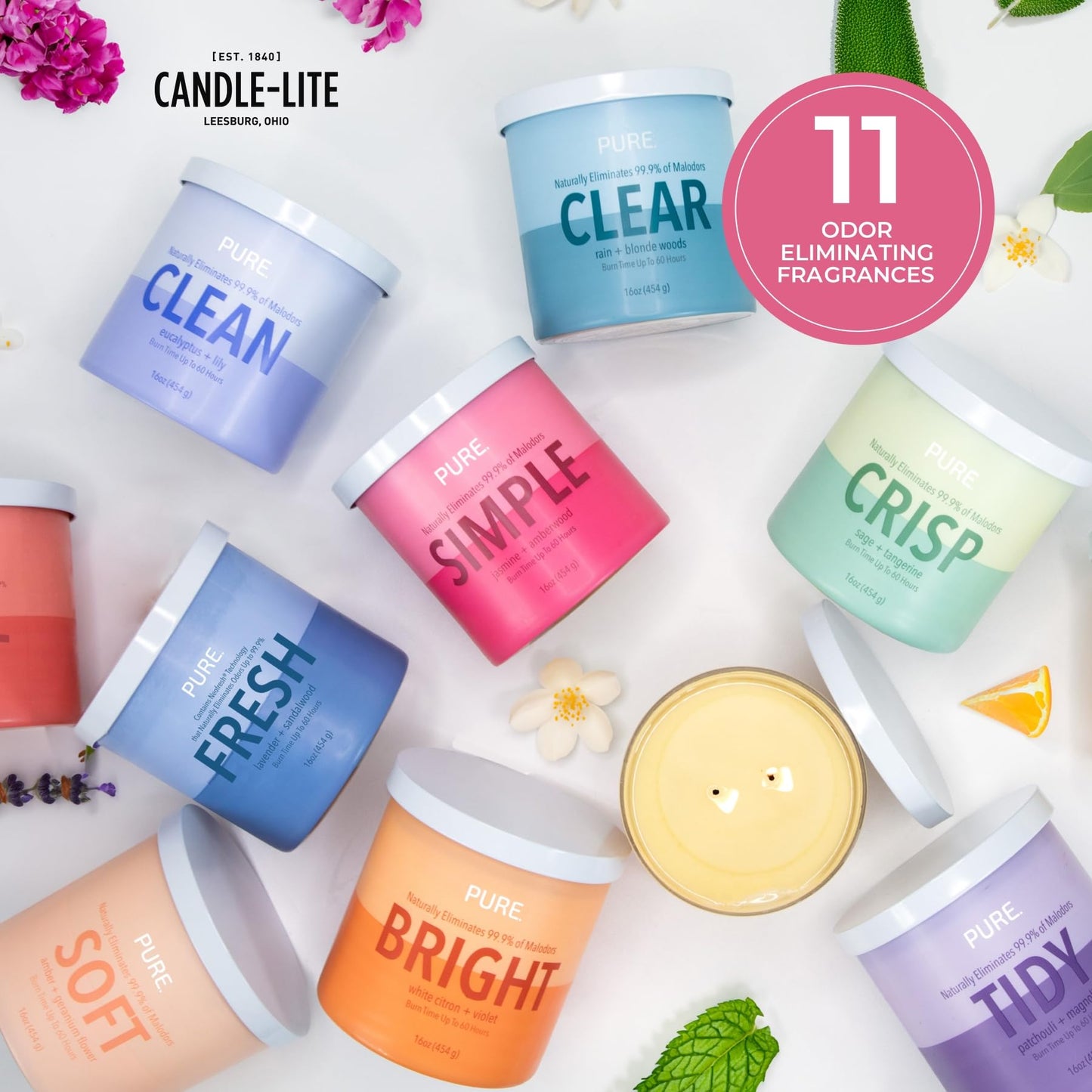 Candle-Lite Pure Jasmine & Amberwood Odor Eliminating Scented Candles, Neofresh Technology Eliminates 99.9% of Odors, 16 oz 2-Wick Jar, Proudly Poured in The USA, Up to 60 Hours Burn Time
