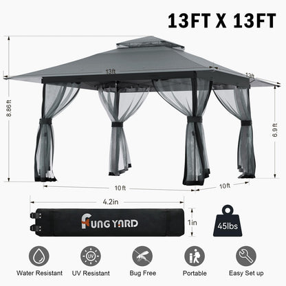 13x13 Outdoor Patio Gazebo with Mosquito Nettings - Double Roof Pop Up Canopy Tent with Wheeled Carry Bag, for Backyard Deck Lawns Garden (Gray, 13X13)