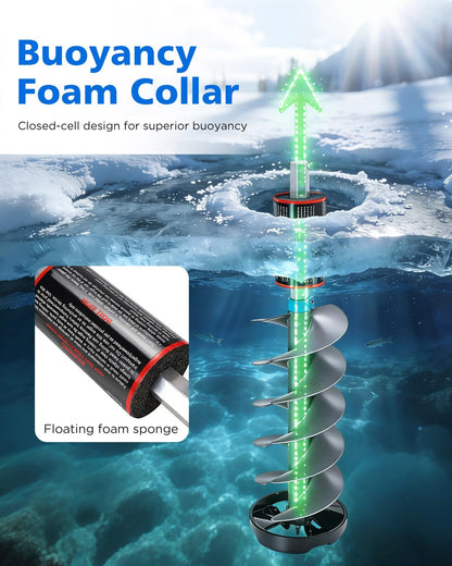FUJIWARA Ice Auger, 8" Diameter Ice Drill Bit, Nylon Corless Ice Augers for Ice Fishing,SK-5 High Carbon Steel Blade,with 1/2”Universal Adapter & Buoyant Foam