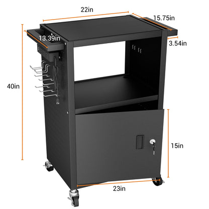 Mobile AV Cart with Push Handles, Heavy Duty Rolling Media Cart with Customized Pegboard & Hooks, Multipurpose Utility Cart with Extra Storage Space, 4 Outlets