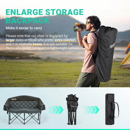 Overmont Oversized Double Camping Chair for Adults Supports up to 850 lbs XXL Heavy Duty Padded Folding Loveseat with Cooler Bag and Cup Holder for Outdoor, Beach, Fishing, Lawn, Black