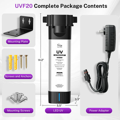 iSpring UVF20 Whole House LED UV Water Filter System, Up to 11 Years Long-Life LED UV Water Purifier with Built-in Automatic Flow Control, Mercury-Free, 3/4" MNTP Inlet Outlet, Up to 12 GPM