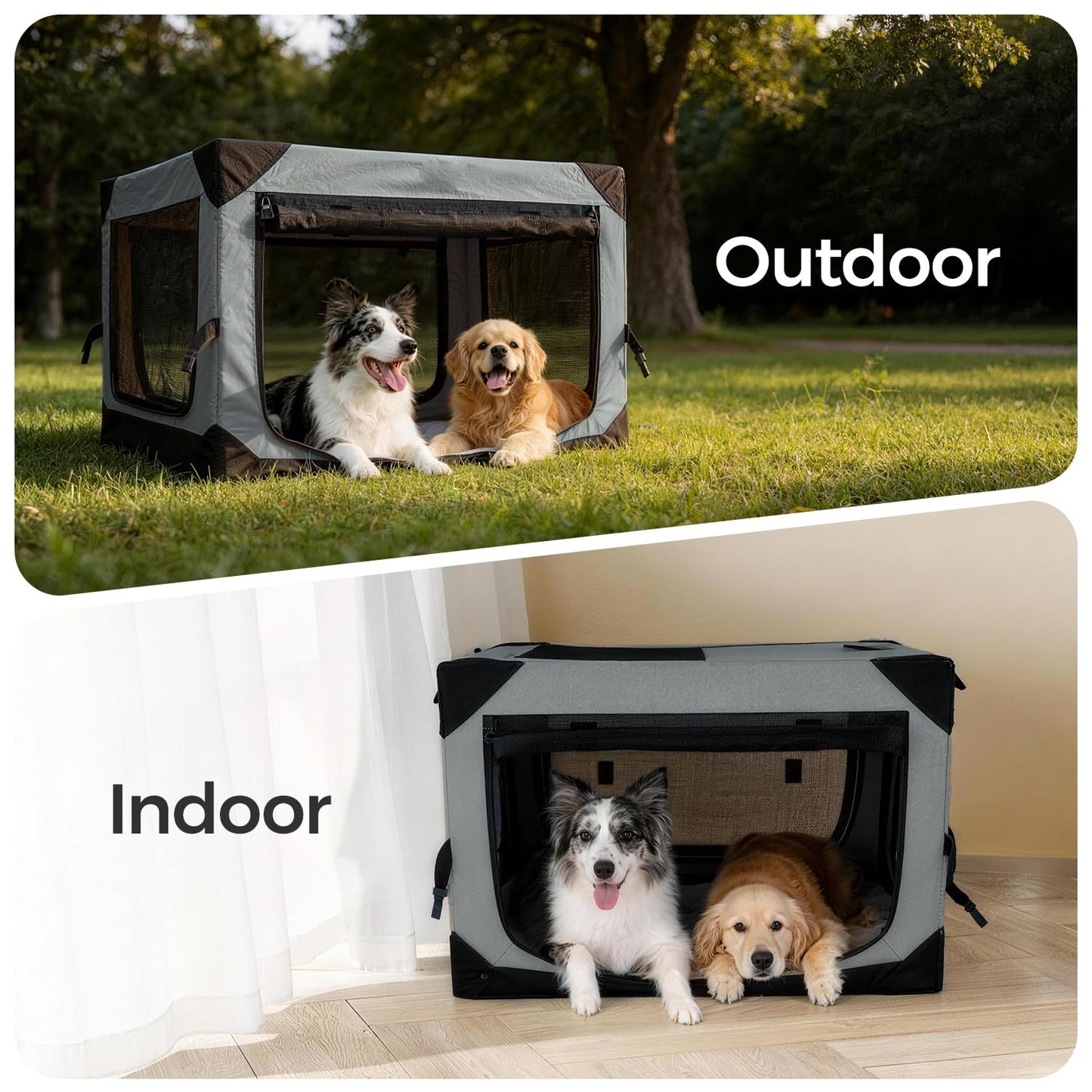 PETSEE 36 Inch Soft Collapsible Crate for Large Dogs, 4-Door Portable Foldable Soft Kennel with Chew Proof Mesh Windows for Indoor & Outdoor Travel Grey