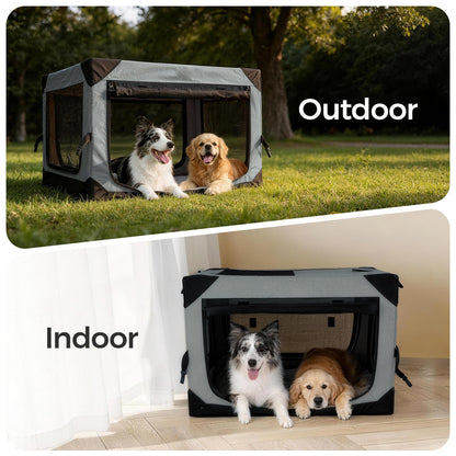 PETSEE 36 Inch Soft Collapsible Crate for Large Dogs, 4-Door Portable Foldable Soft Kennel with Chew Proof Mesh Windows for Indoor & Outdoor Travel Grey