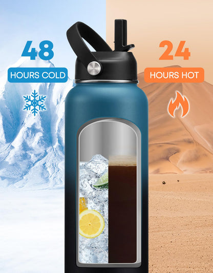 40/64/128 oz Insulated Water Bottle with Straw - Flex Cap Lids, Paracord Handle, Bottle Carrier Bag w/Strap, Vacuum Stainless Steel 40oz Water Bottles, Double Wall Flask Metal Water Flask Jug