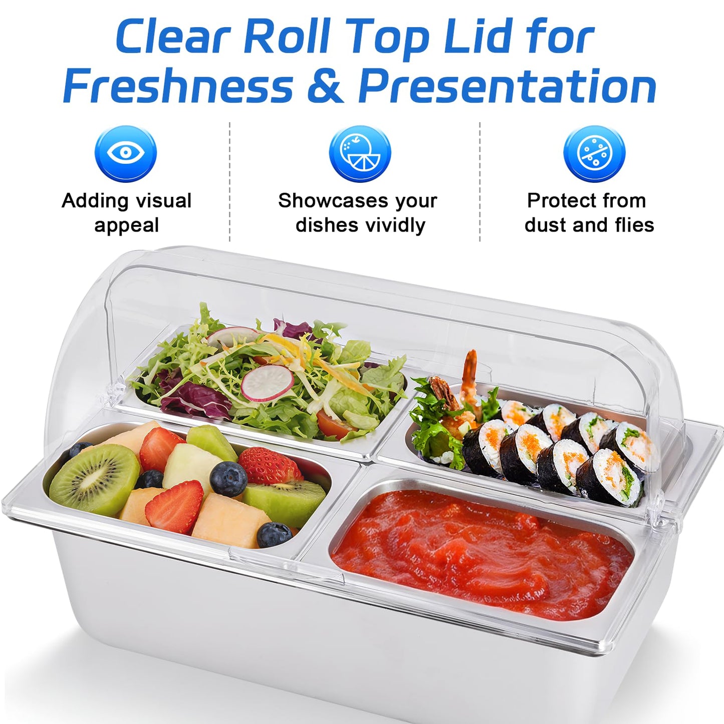 YMJOINMX Cold Food Buffet Server 4 Pans×2.7QT with Ice Packs for Salad Pizza Sauce Colded Serving Trays Condiments Containers for Parties Buffet