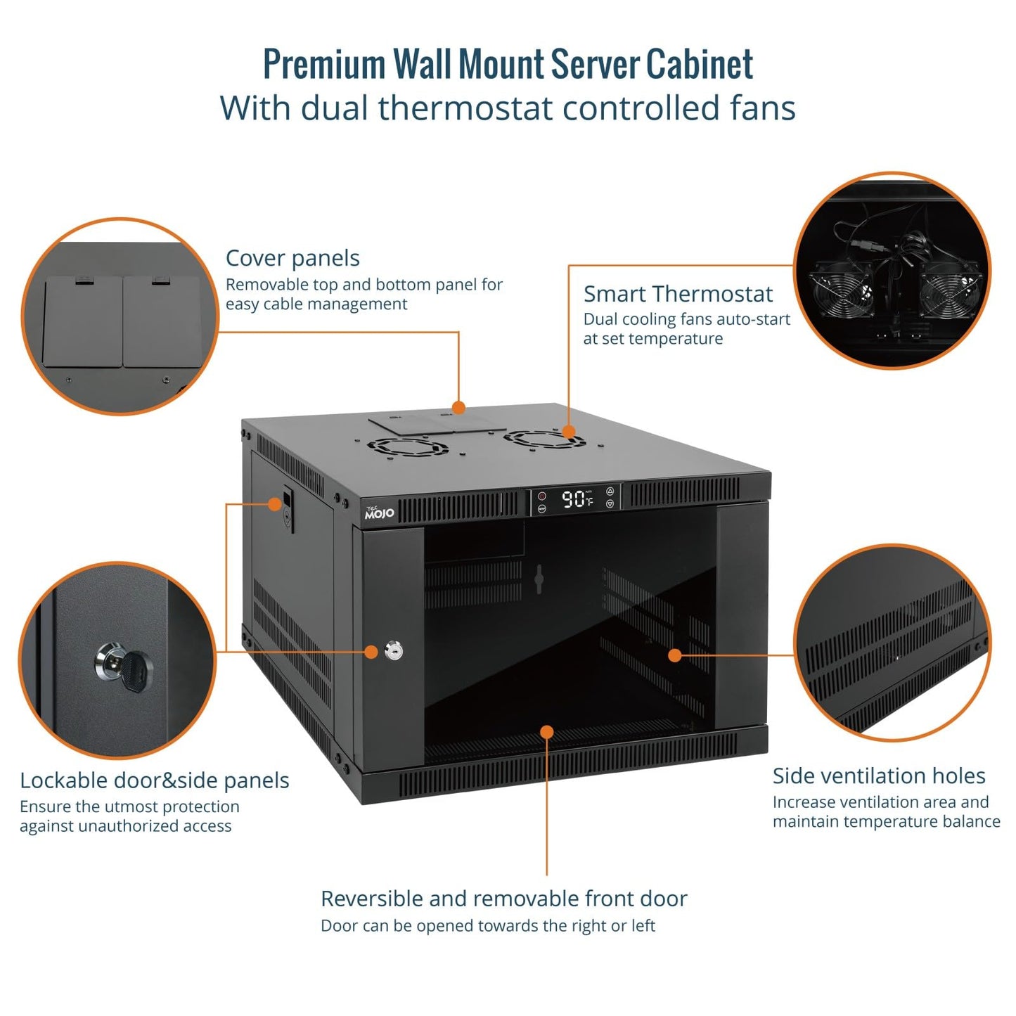 Tecmojo 6U Wall Mount Rack with Thermostat, 17.7inch Depth Enclosed Server Cabinet with 2 Cooling Fans,Lockable Door & Hardware,6U Rack for 19inch Equipments,Glass Door