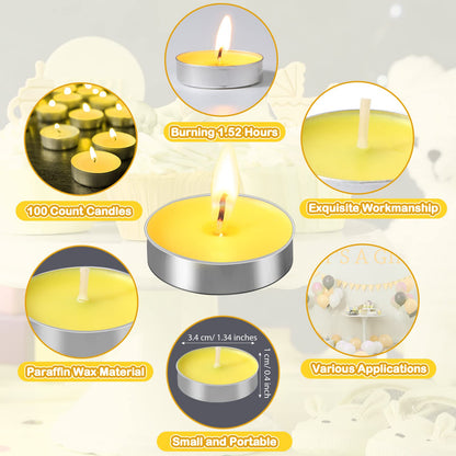 Amyhill Beeswax Tea Light Candle Set - 100 Pieces Unscented Baby Shower Party Favor with Cute Bee Theme - Includes Cards & Organza Bags