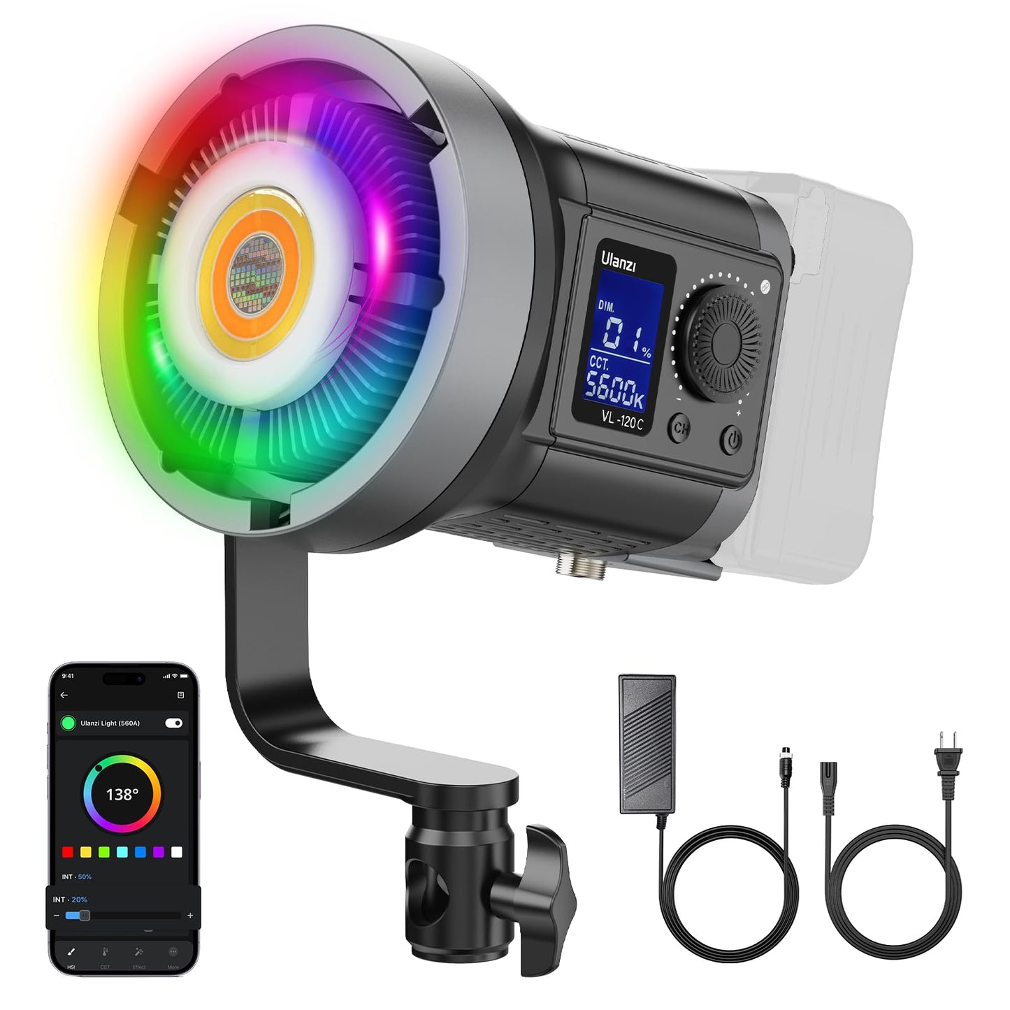 ULANZI RGB Video Light - 120W COB LED Video Light Photography Continuous Output Lighting with Adapter and APP Control, 2700K-6500K 27000lux/m 20 Scenes Bowens Mount for Studio Video Recording, Filming