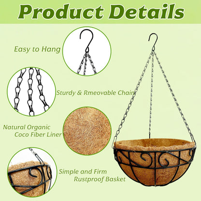 hodooly Hanging Planters for Outdoor Plants,12 inch 2 Pack Hanging Planters Basket with Coco Liners, Hanging Baskets Flower Pots for Patio,Garden, Deck, Porch Plants
