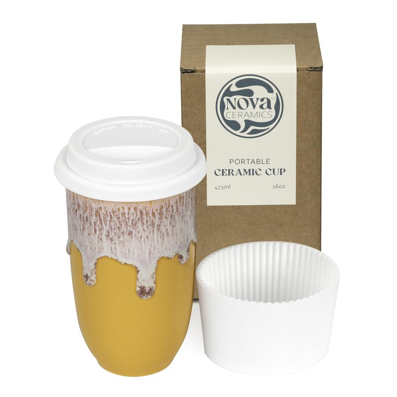 NOVA CERAMICS Ceramic Tumbler– Ceramic Travel Mug With Lid – Microwave & Dishwasher Safe Coffee White & Orange Tumbler - Gifts For Women Men Him Her – 16oz – Grapefruit