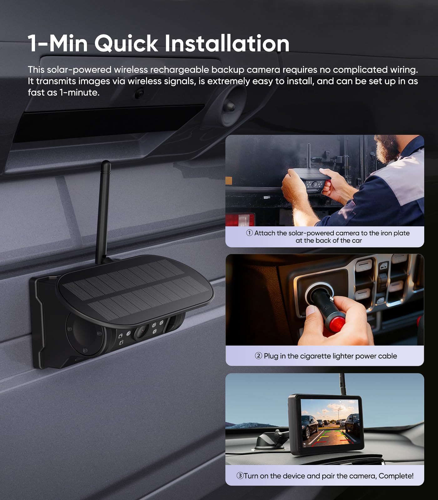 7" Portable 1080P Solar Wireless Backup Camera Car Dash Cam,1 Min No Wiring Easy Install Rechargeable Magnetic Back up Camera for Truck/Trailer/Small RV/Camper (Single Camera)