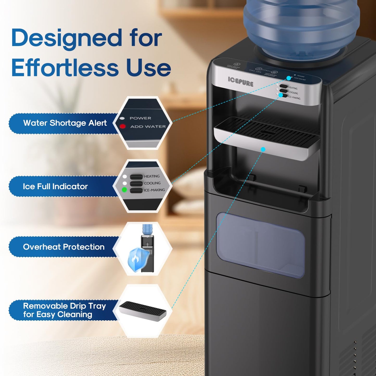 ICEPURE Water Cooler Dispenser with Build-in Ice Maker, Hot and Cold Water Dispenser with Bullet Ice Maker, 33lbs/24H, Child-Lock,Top Loading