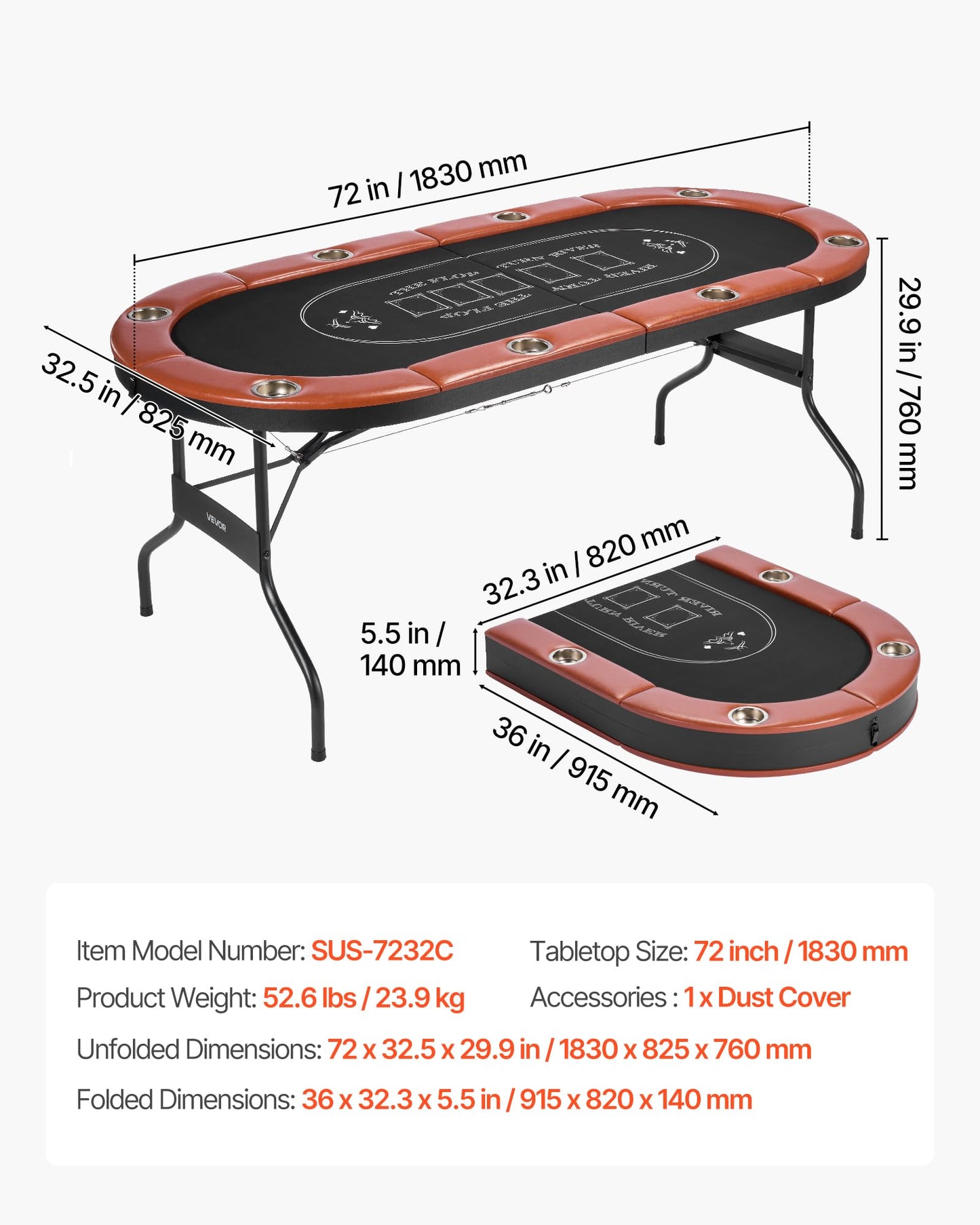 VEVOR Foldable Poker Table, 8 Player 72 in Folding Casino Leisure Table with Padded Rails and Cup Holders, Oval Portable Game Tables with Felt & Metal Legs, for Texas Hold'em Game and Blackjack