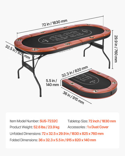 VEVOR Foldable Poker Table, 8 Player 72 in Folding Casino Leisure Table with Padded Rails and Cup Holders, Oval Portable Game Tables with Felt & Metal Legs, for Texas Hold'em Game and Blackjack