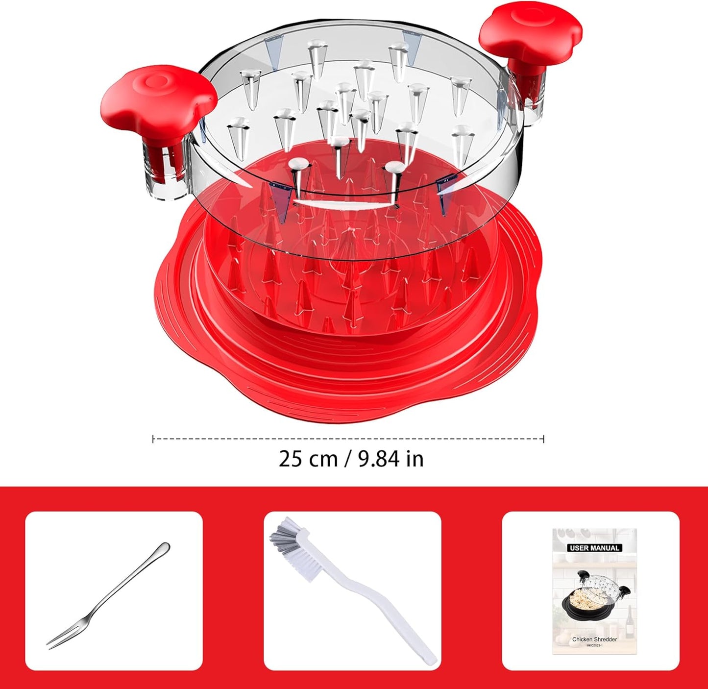 SURETIVIAN Chicken Shredder - Ergonomic Large Meat Shredder Tool with Brush & Fork | BPA-Free, Red