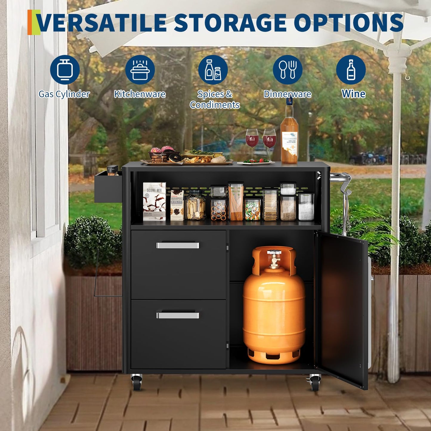 Heavy-Duty Outdoor Grill Cart with Stainless Steel Prep Table,Mobile BBQ Island Cart with Spacious Storage Cabinet & Lockable Wheels, Multi-Function Patio Kitchen Station for Grilling & Outdoor