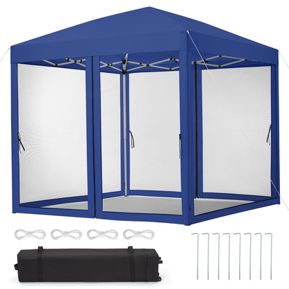 GarveeLife 8 ft x8 ft Instant Pop-Up Canopy Tent with Removable Mosquito Netting & 2 Zipper Doors, Portable Outdoor Shelter for Camping, Backyard, Picnic - Includes Wheeled Carry Bag (Blue)