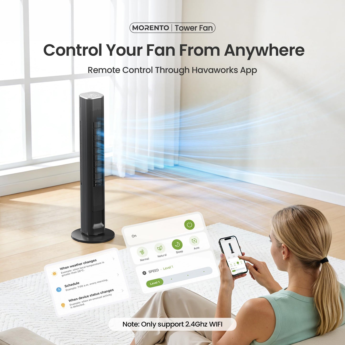 MORENTO Tower Fan for Bedroom, 2026 Upgraded 90° Oscillating 43" Standing Fan with 4 Speeds, 4 Modes, 25ft/s Velocity Bladeless Fan with APP/Voice/Remote/Touch Control, 28dB, 12H Timer, Black 1Pack