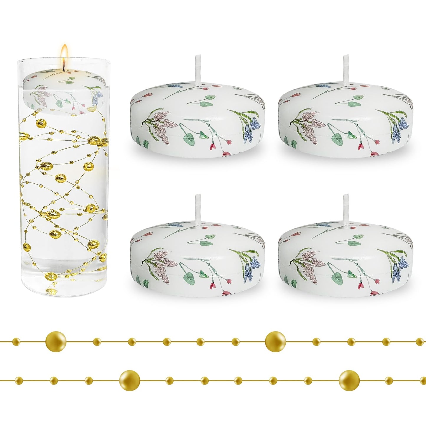 4 Pack Print Floating Candles 2 inch Floral Floating Candle with 2 Pearl String Unique Unscented for Centerpieces Wedding Christmas Lights Romantic Night (Hyacinth Flower Pattern)