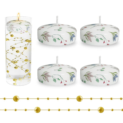4 Pack Print Floating Candles 2 inch Floral Floating Candle with 2 Pearl String Unique Unscented for Centerpieces Wedding Christmas Lights Romantic Night (Hyacinth Flower Pattern)