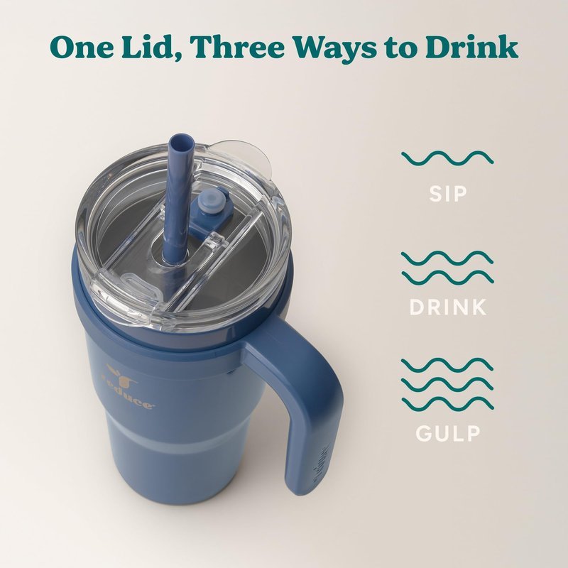 Reduce 24 oz Stainless Steel Tumbler with Handle - Dual-Wall Vacuum Insulated Travel Mug, Sweat-Proof Lid & Reusable Straw - Keeps Drinks Cold for 24 Hrs, Fits Cupholders, Dishwasher Safe-Mineral Blue