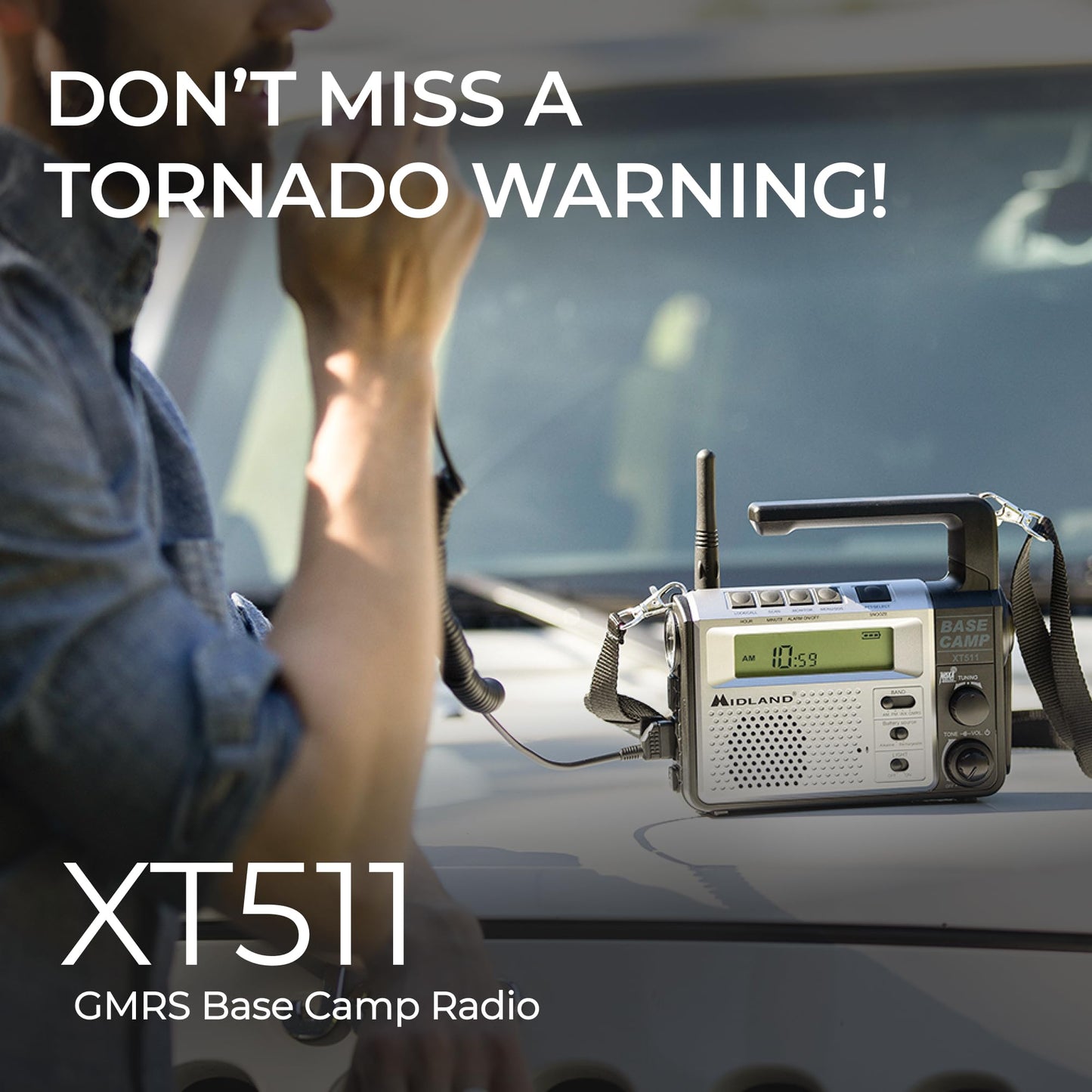 Midland® - XT511 - Emergency Radio - 22 Channel Two-Way Base Camp Radio with 5 Power Options, 121 Privacy Codes, 3-LED Flashlight & NOAA Weather Scan + Alert - Gray/Black