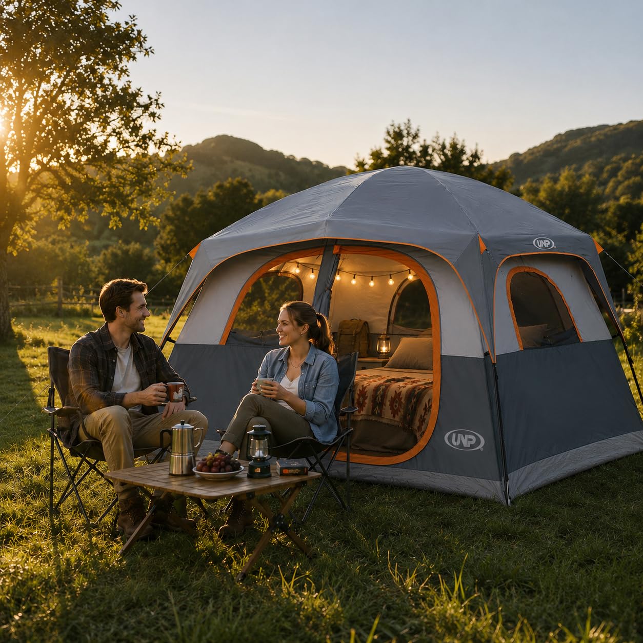 UNP Tents 6 Person Waterproof Windproof Easy Setup,Double Layer Family Camping Tent with 1 Mesh Door & 5 Large Mesh Windows -10'X9'X78in(H) Gray