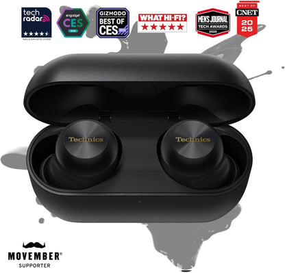 Technics Reference Class Hi-Fi Wireless Earbuds, Dolby Atmos, Head Tracking, Adaptive Noise Cancelling, 3 Device Multipoint, 10-hr Battery, Wireless Charging, in Ear Headphones - EAH-AZ100-K (Black)
