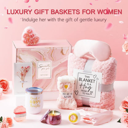 Mothers Day Birthday Gifts for Women Self Care Get Well Soon Gifts, Rose Relaxing Spa Gift Basket Thinking of You Care Package with Flannel Blanket, Unique Gift for Her Mom Wife Grandma Friend Sister
