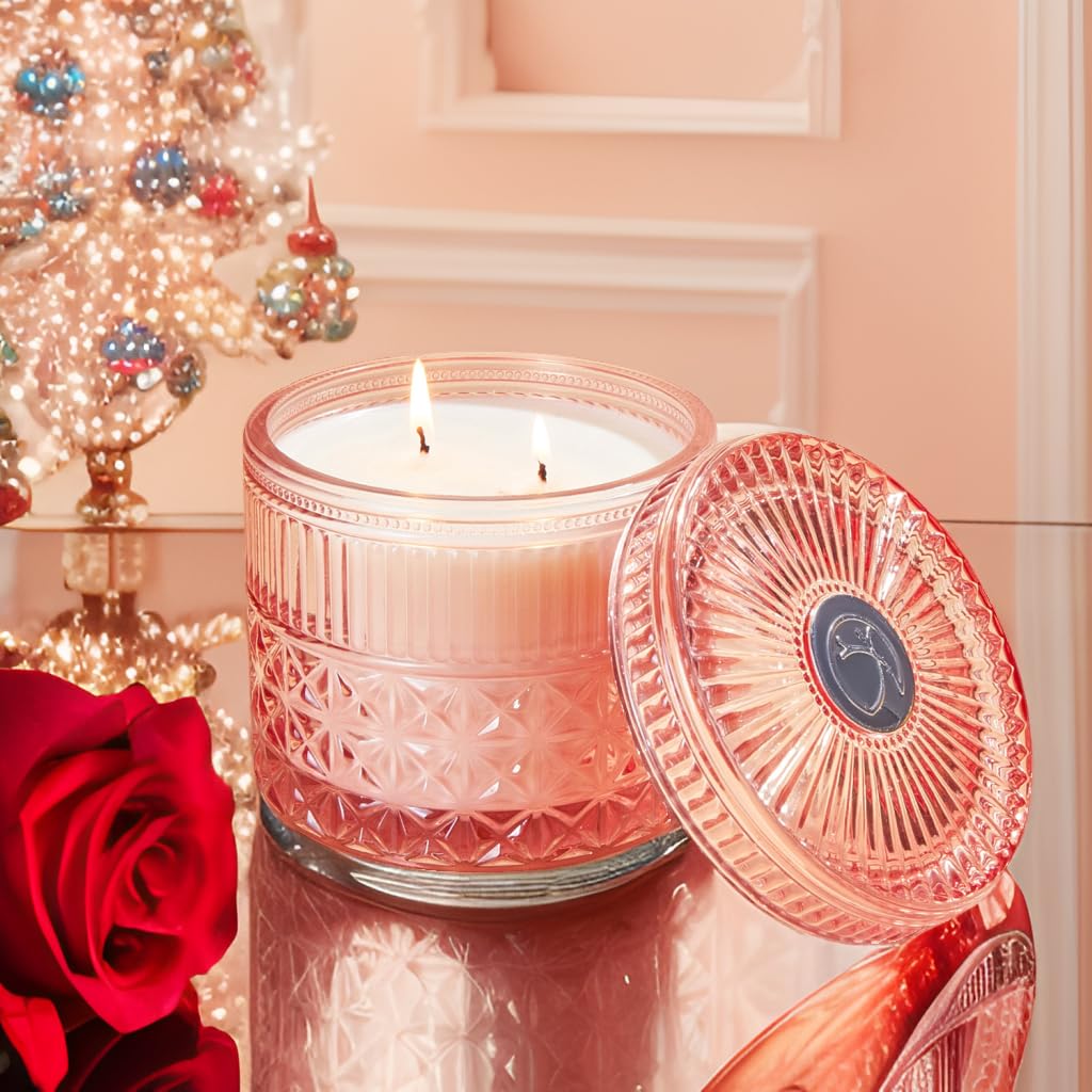 Chloefu LAN Rose Candle, Pink Candles Gifts for Women, Large 2-Wick Sandalwood Scents for Home, Strong Scented Candles for Home Decorative, Romantic Candle Gifts for Valentine's Day, Anniversaries