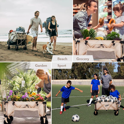 Camphor Designs 400L Collapsible Folding Double Decker Beach Wagon |Heavy Duty Utility Cart Extender|Supports 450lbs|All-Terrain Big Wheels with Breaks for Sports Camping (Grey/Grey)