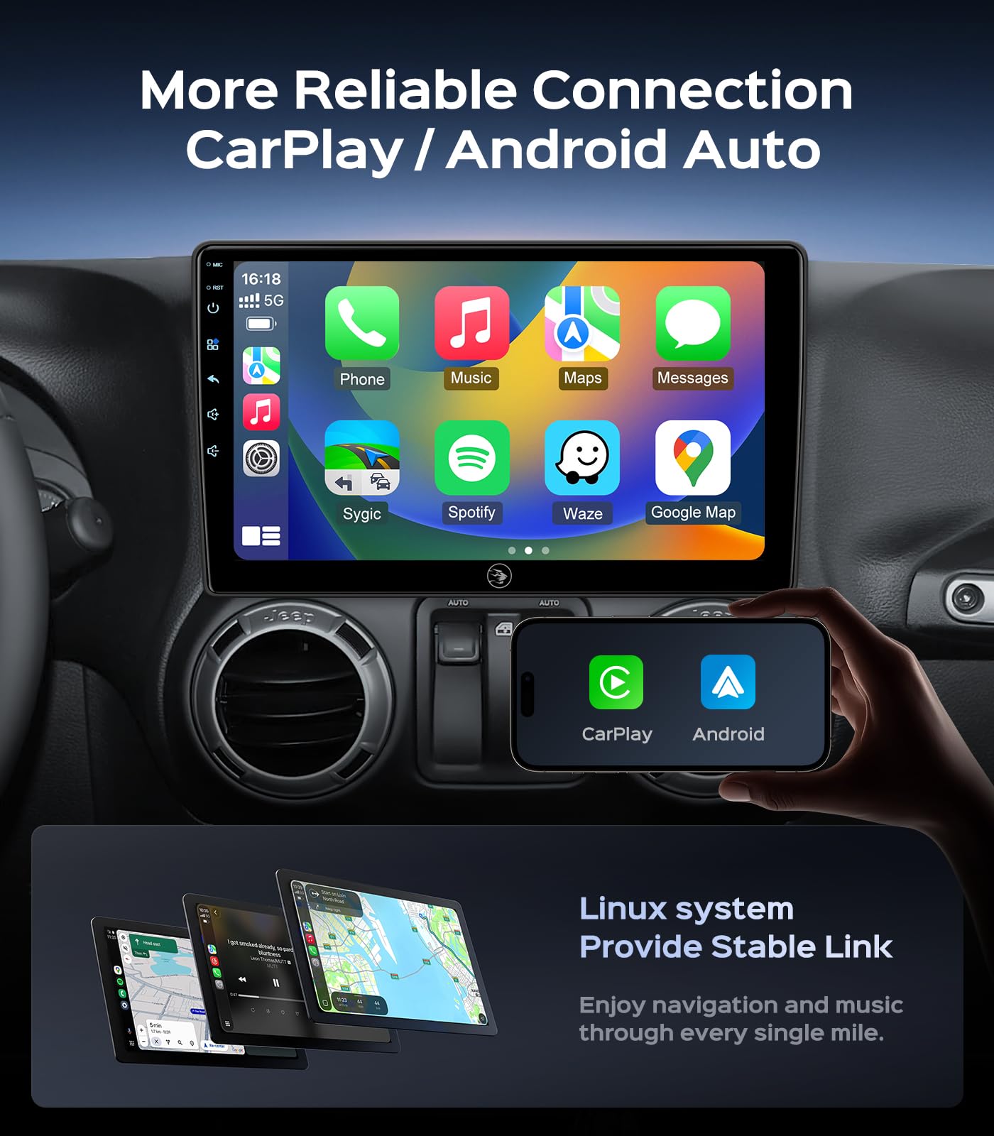 Linux Car Radio Stereo for Jeep Wrangler JK Compass Patriot Liberty Commander, 10.2 Inch Touchscreen Wireless CarPlay Android Auto GPS Navigation Head Unit WiFi Bluetooth FM/AM SWC