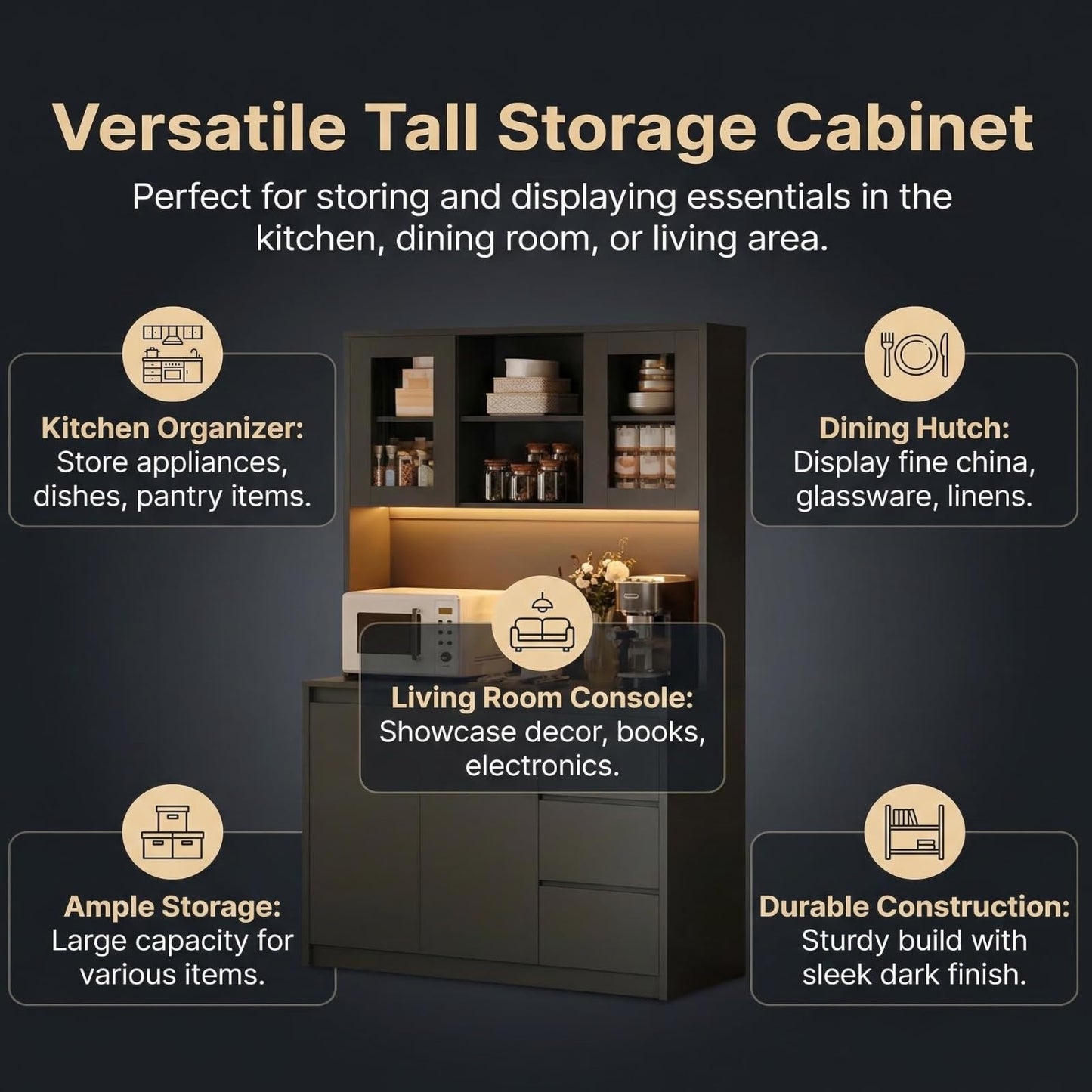 71" Kitchen Pantry Cabinet,Tall Storage Cabinet with Doors & Shelves Adjustable, Kitchen Storage Hutch with Microwave Shelf,Coffee Bar,Led Lights&Charging Station,Corner Pantry Cabinet for Living Room