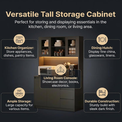 71" Kitchen Pantry Cabinet,Tall Storage Cabinet with Doors & Shelves Adjustable, Kitchen Storage Hutch with Microwave Shelf,Coffee Bar,Led Lights&Charging Station,Corner Pantry Cabinet for Living Room